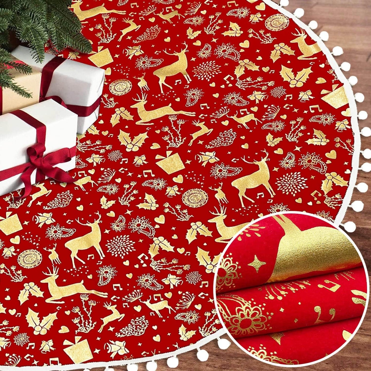 ORTIGIA 48 Inch Christmas Tree Skirt and Christmas Stocking Burlap Christmas Red Truck Christmas Tree Decoration Red Buffalo Check Plaid Trim Farmhouse Winter Holiday Home Decoration Ornaments Home & Garden > Decor > Seasonal & Holiday Decorations ORTIGIA Gold 45Inch