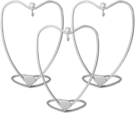 Heart Ornament Holders with Hook - Set of 3 - Silver Christmas Display Stands - 4" H - 2 3/4" Hanging Height