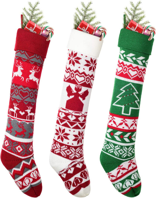 Dearhouse Christmas Stockings, 3 Pack 26 Inches Large Luxury Knit Knitted Classic Xmas Tree Snowflake Stripe, Rustic Personalized Stocking Decorations for Family Holiday Season Decor