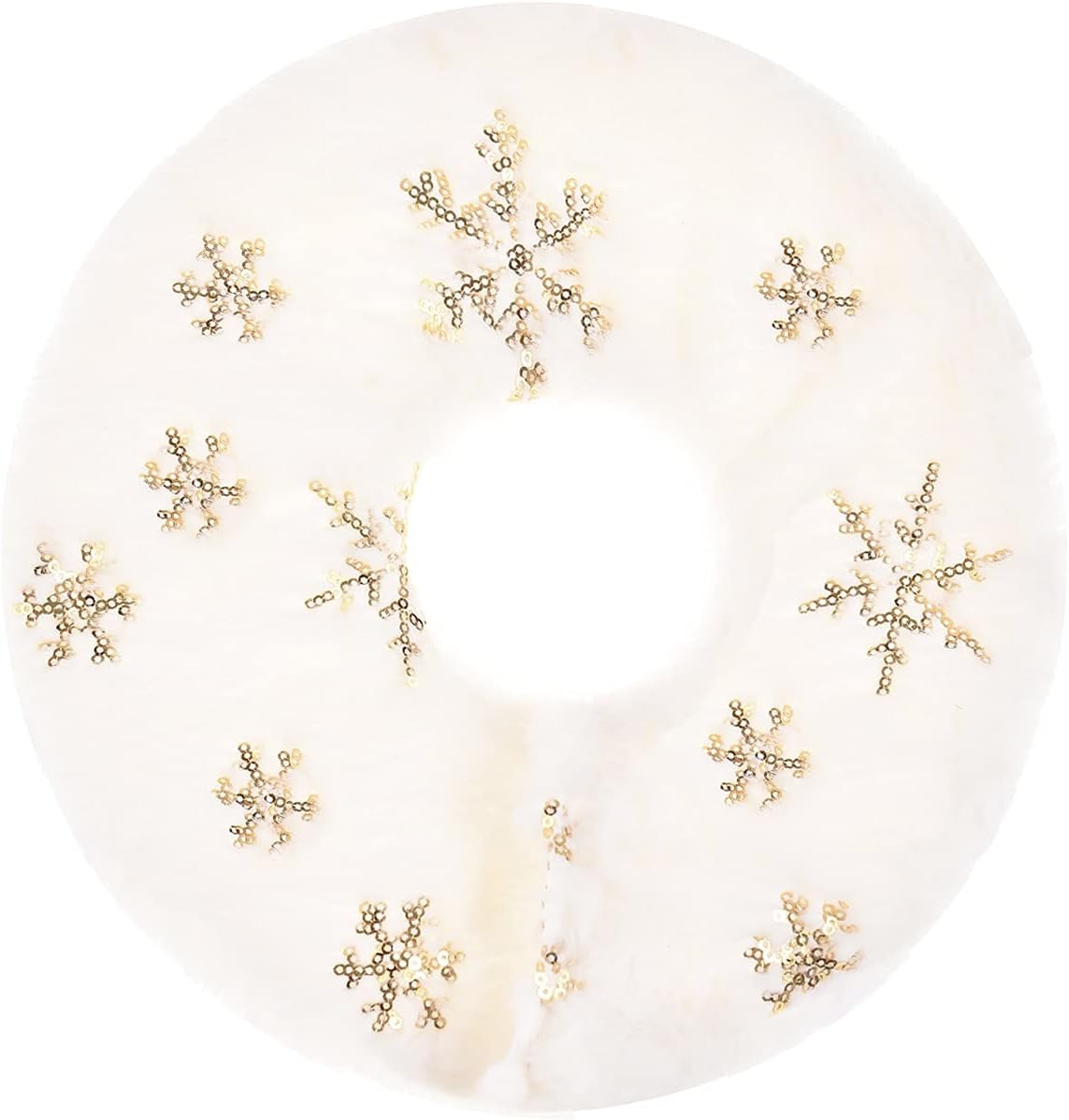 Christmas Tree Skirt, 11 Inch Mini White Snowflake Xmas Tree Skirt, Double Layer Faux Snowy Fur with Gold Sequins Skirts Used for Table Top, Birch Table Tree Lights, Christmas Party