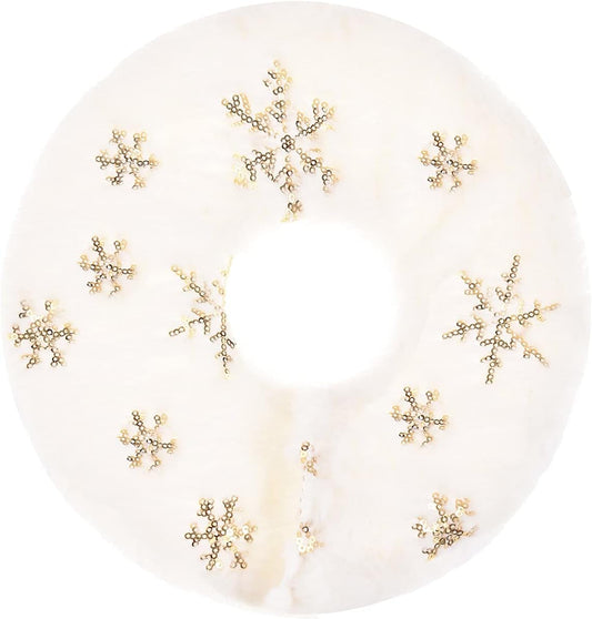 Christmas Tree Skirt, 11 Inch Mini White Snowflake Xmas Tree Skirt, Double Layer Faux Snowy Fur with Gold Sequins Skirts Used for Table Top, Birch Table Tree Lights, Christmas Party