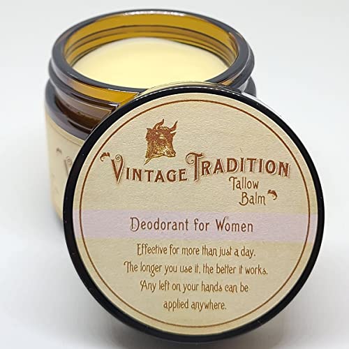 Beef Tallow Natural Deodorant for Women �?2 Fl. Oz. Travel Size Deodorant with Olive Oil, Marjoram, Thyme, and Lavender Essential Oils �?Aluminum- and Chemical-Free Underarm Balm by Vintage Tradition