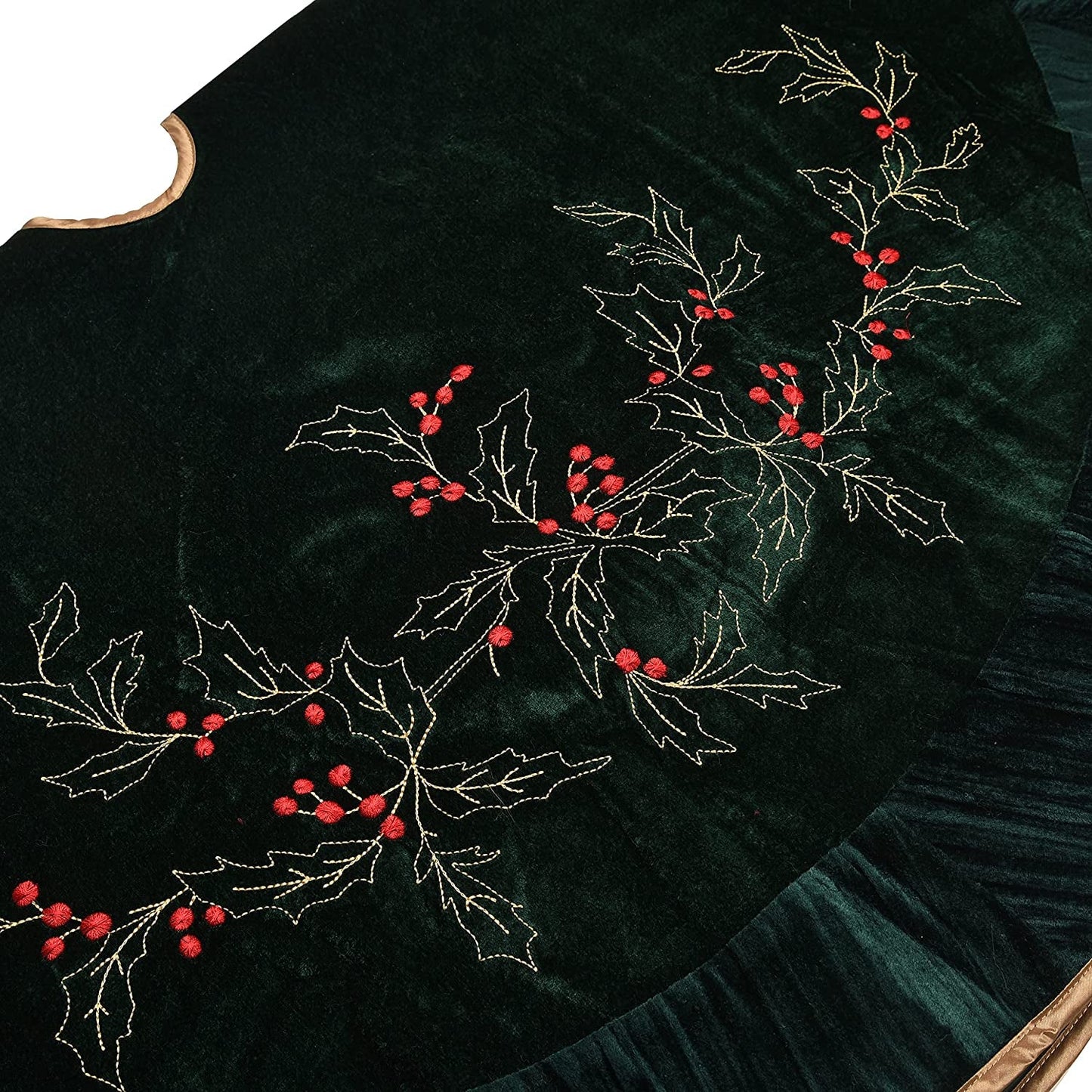X.Sem Holly Leaf Embroidered Velvet Christmas Tree Skirt with Pleat Velvet Border 50'' Dark Green (Dark Green, 50 Inch)