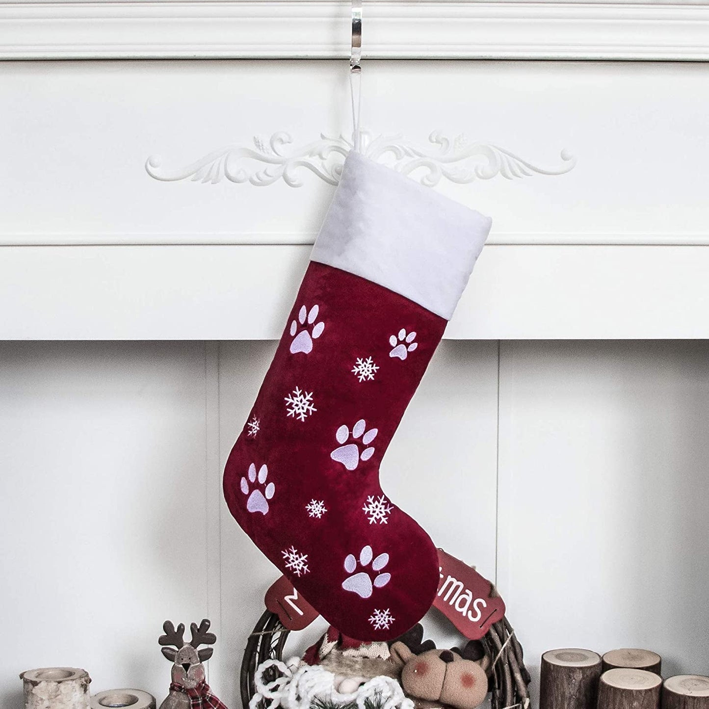 GEX Christmas Stockings for Dog Cat Pet 22" Large Quilted Lining Embroidery Luxury Lovely Velvet Hanging Ornament Decorations for Xmas Season (Burgundy)