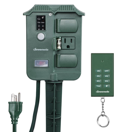 DEWENWILS Outdoor Power Stake Timer Waterproof, 100FT Wireless Remote Control, 6 Grounded Outlets, 6FT Extension Cord, Photocell Dusk to Dawn for Christmas Decoration, Lights, Garden, UL Listed