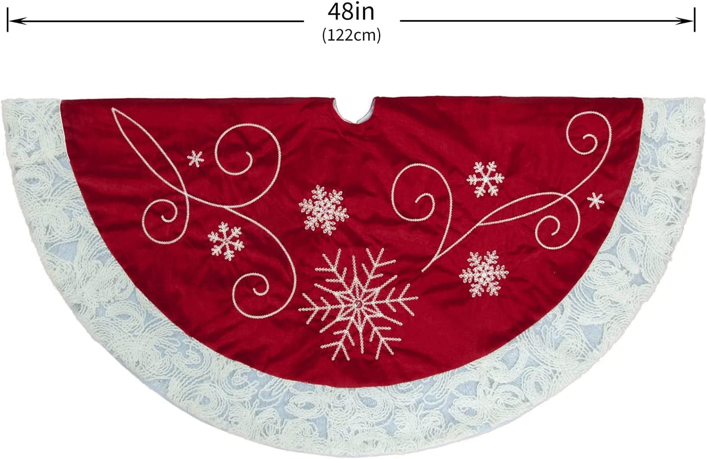 USILAND 48 Inches Christmas Tree Skirt, Luxury Red Velvet Tree Skirt with Sequin Embroidery for Xmas Holiday Party Decorations Christmas Ornaments