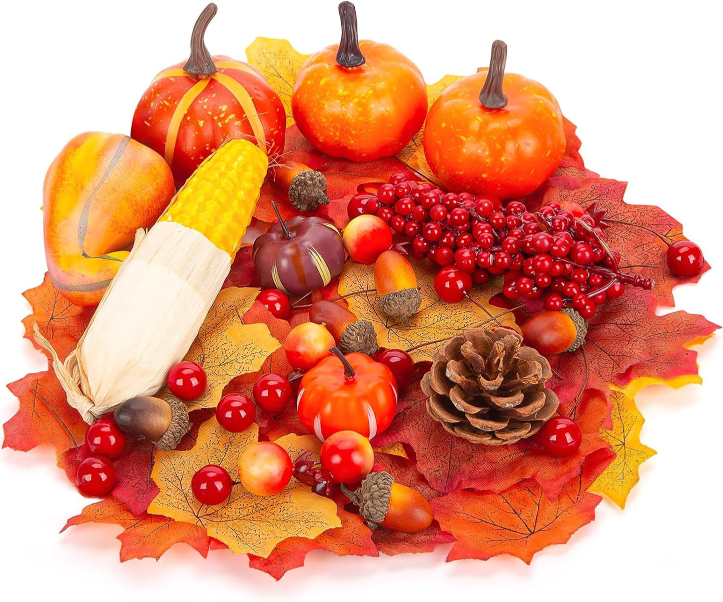 FUTUREPLUSX 125 PCS Artificial Pumpkin and Gourd Set, 22 PCS Harvest Fruits with 90 PCS Fake Maple Leaves Acorns and Pinecones for Fall Dining Table Thanksgiving Decor