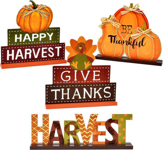 Thanksgiving Centerpiece Table Decor Fall Decorations Set of 4 Harvest Autumn Pumpkin Centerpieces Happy Harvest Give Thanks Be Thankful for Home Kitchen Desk Shelf Fireplace Mantel Table Decoration