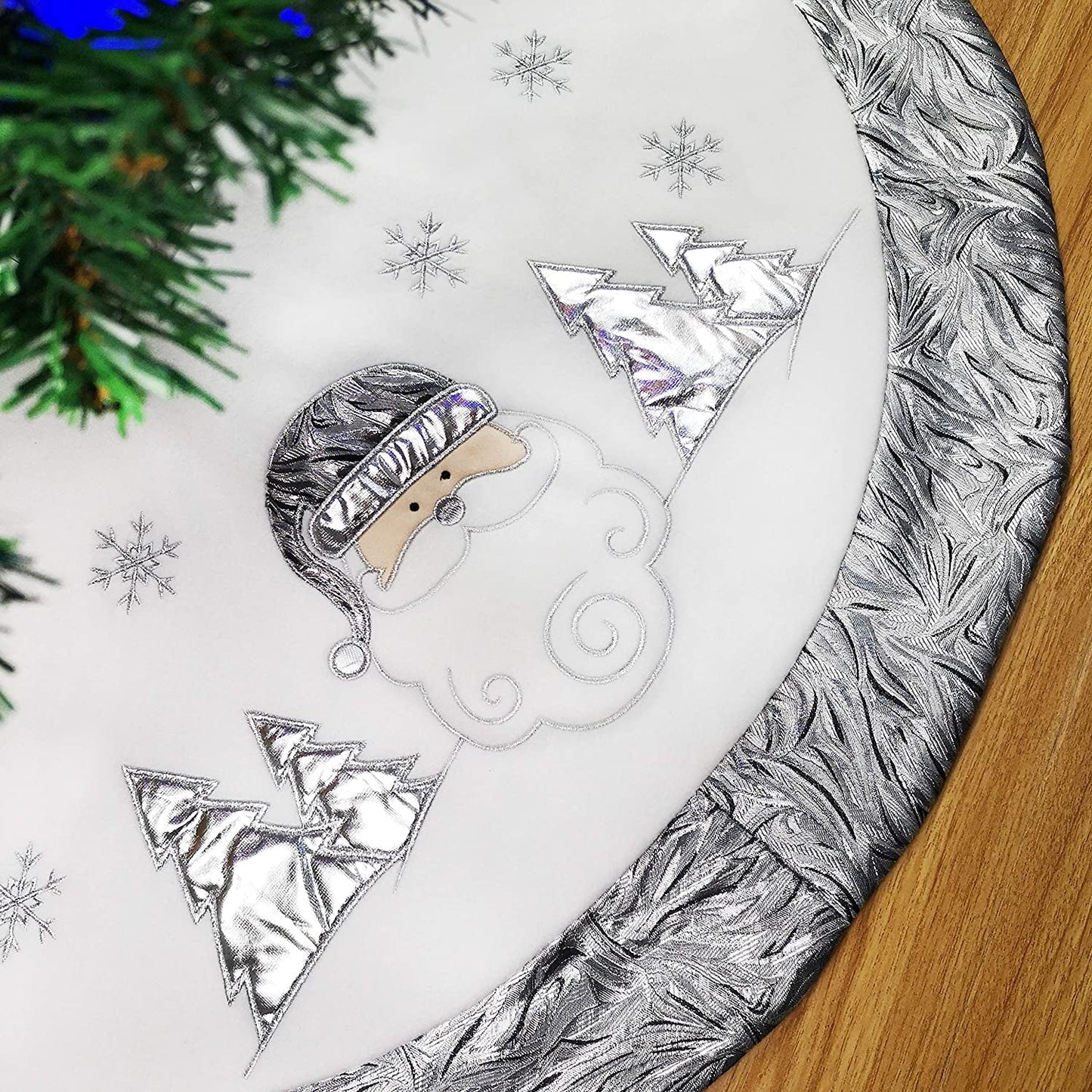WEWILL 36'' Luxury Silvery Christmas Tree Skirt Santa Embroidered White Santa Claus Snowflake with Satin Border Xmas Tree Skirt Christmas Tree Ornaments Gifts