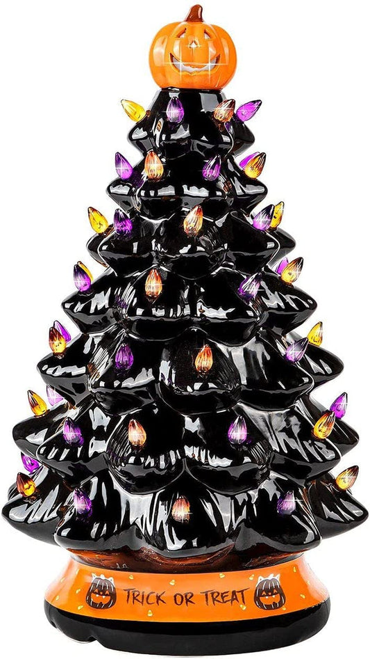 RJ Legend Christmas Tree - Halloween Decoration Made with Ceramic, Orange Pumpkin Head-Home Decoration-Trick or Treat- over 35 Multicolor Bulbs, LED Light up by Battery - Black, 9 Inch Home & Garden > Decor > Seasonal & Holiday Decorations RJ Legend Black 15-Inch
