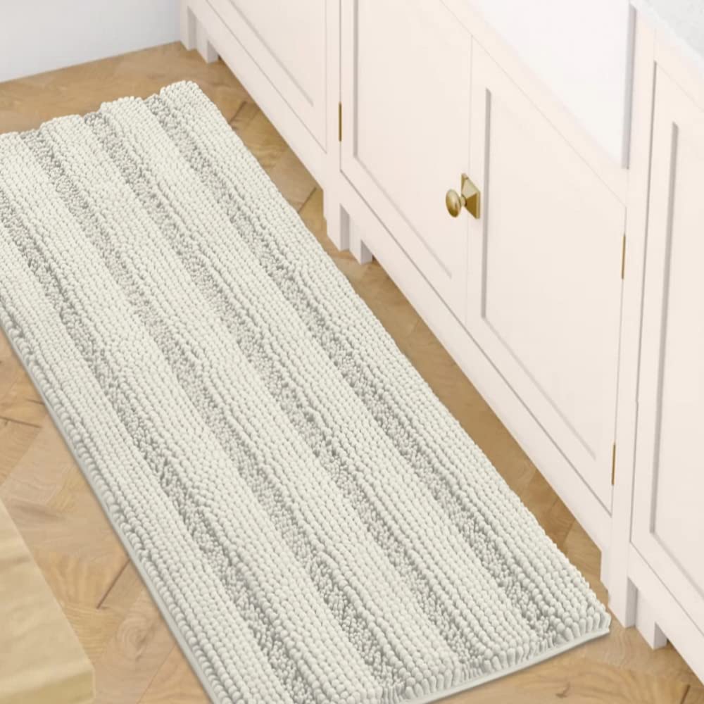 PrimeBeau Luxury Chenille Striped Bath Mats Set | Ultra Thick & Absorbent Non Slip Rugs 47“ x 17"