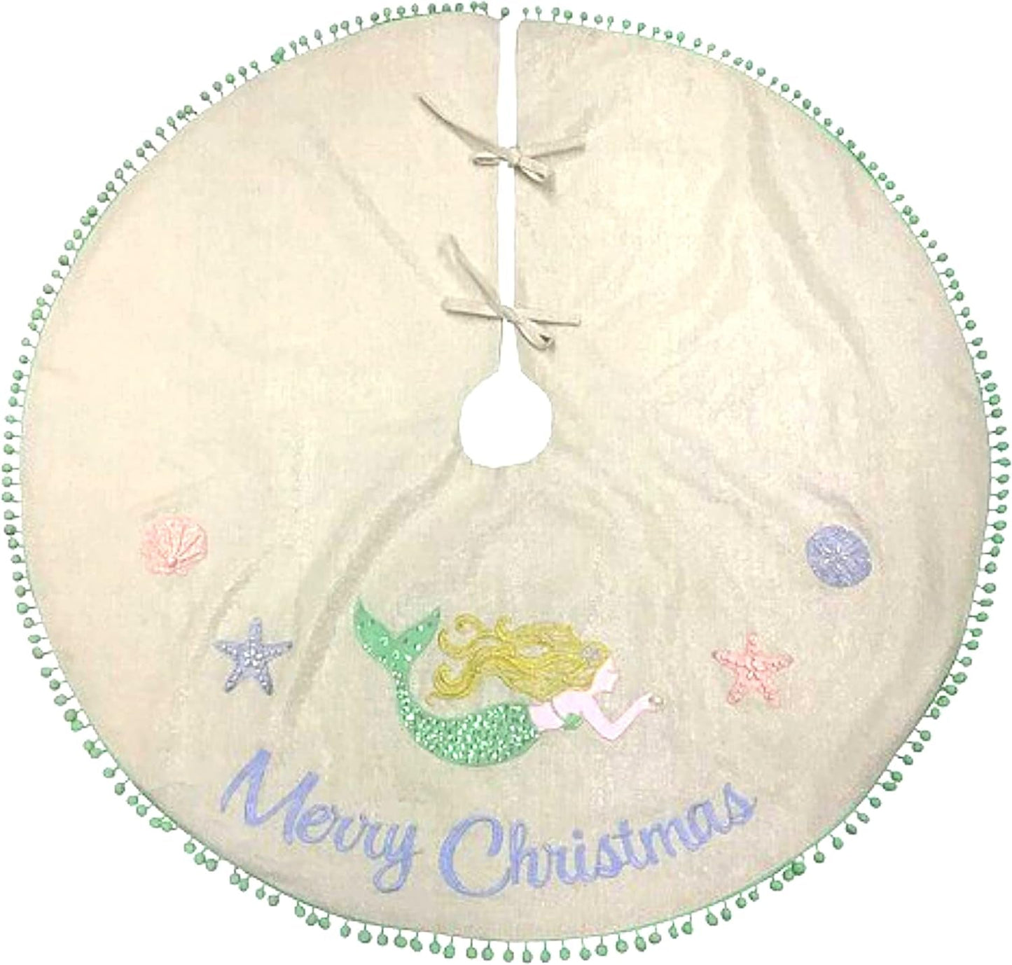 Coastal White Christmas Tree Skirt, Mermaid Beach Themed Burlap Xmas Decorations, Floor Protection Matt, Festive Holiday Decoration, 42 Inches