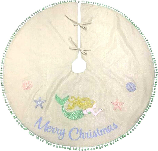Coastal White Christmas Tree Skirt, Mermaid Beach Themed Burlap Xmas Decorations, Floor Protection Matt, Festive Holiday Decoration, 42 Inches