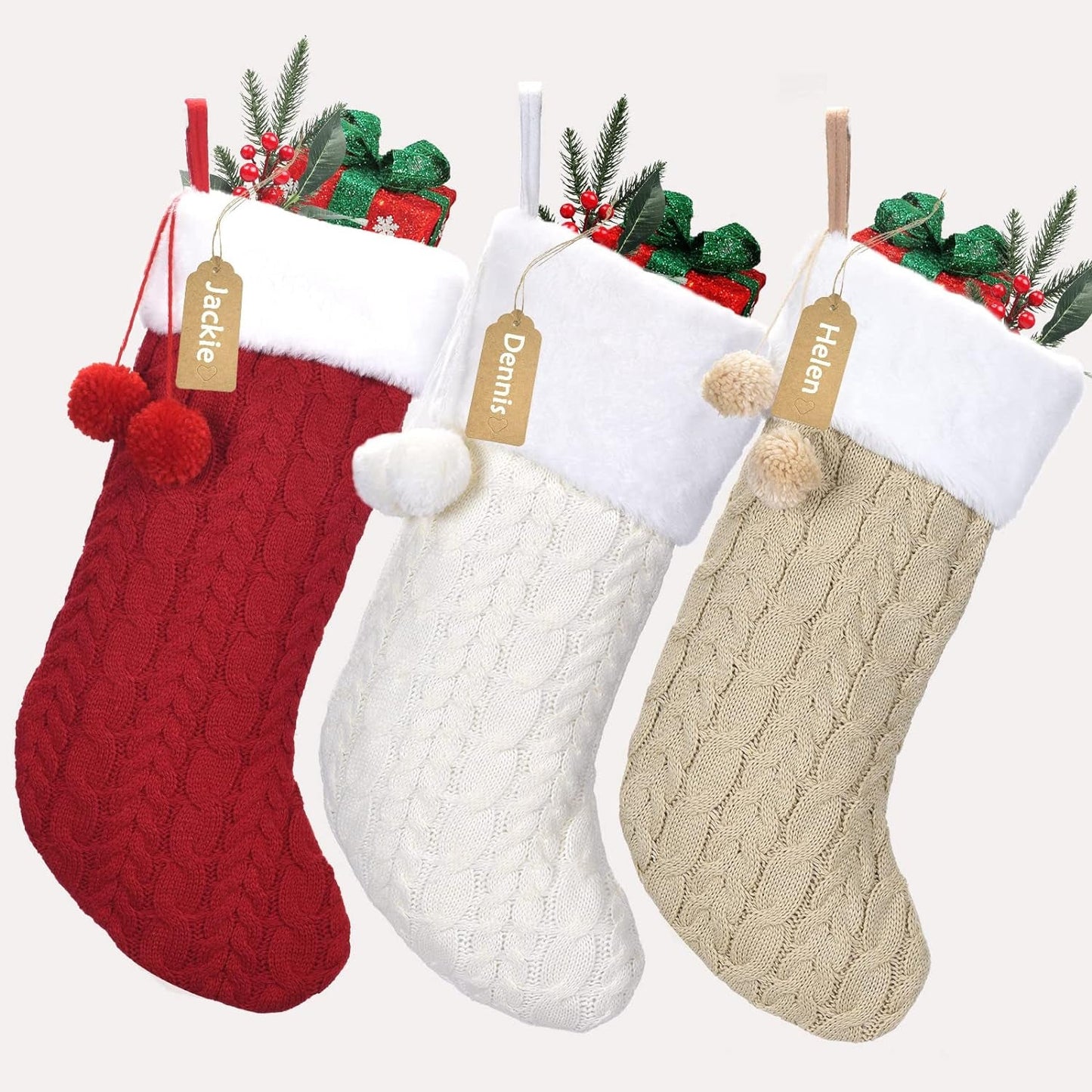 Biirblue 18“ Christmas Stockings, 3 Pcs Cable Knit Christmas Stockings with Plush Faux Fur for Family Holiday Decorations, Large Knitted Rustic Xmas Stockings with Name Card (Ivory Burgundy and Khaki)