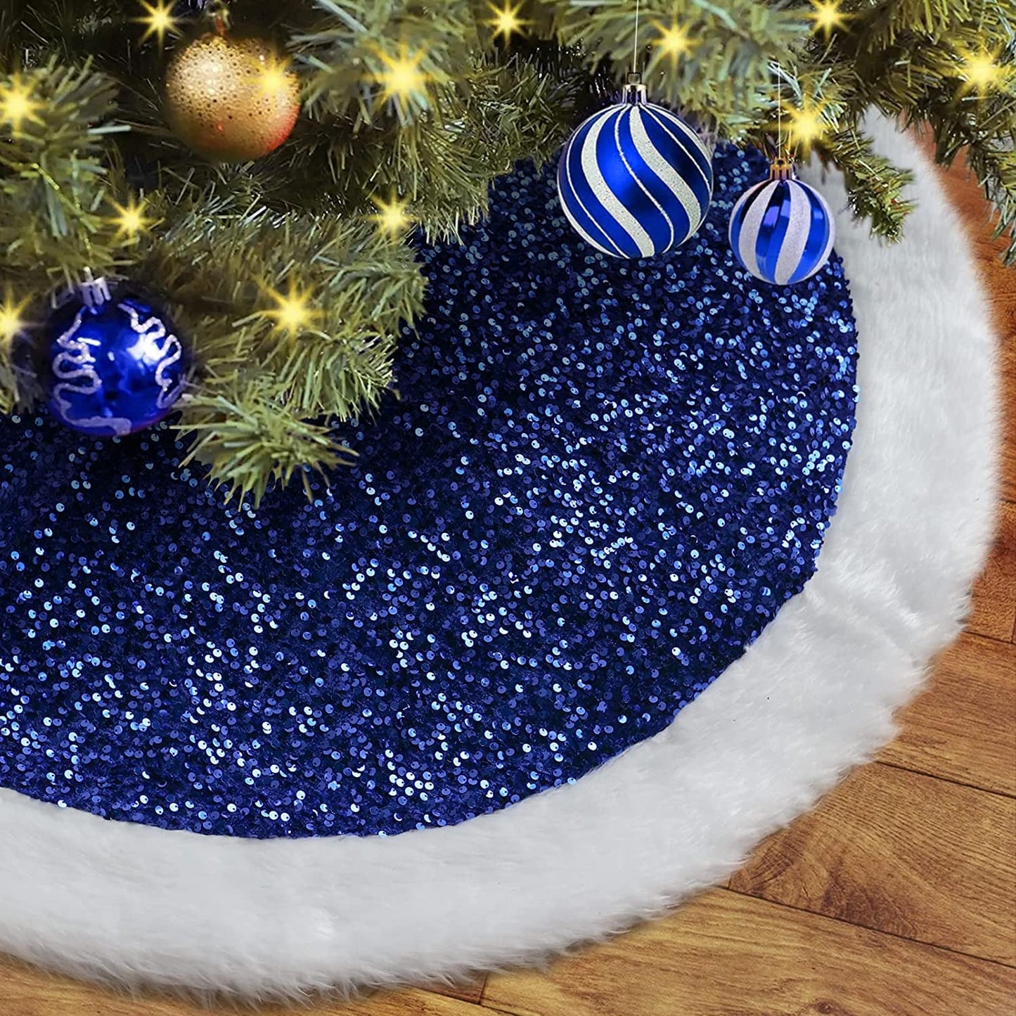 Sliver White Christmas Tree Skirt with Sequin Faux Fur, 48 Inch Tree Skirts for Christmas Decorations Home Indoor Tree Base Cover Mat Holiday Decor Home & Garden > Decor > Seasonal & Holiday Decorations Toes Home Blue 36"