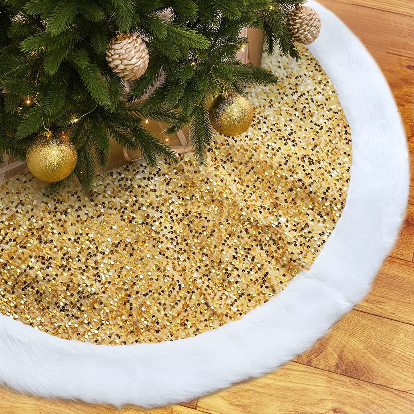 Sliver White Christmas Tree Skirt with Sequin Faux Fur, 48 Inch Tree Skirts for Christmas Decorations Home Indoor Tree Base Cover Mat Holiday Decor Home & Garden > Decor > Seasonal & Holiday Decorations Toes Home Gold 36"