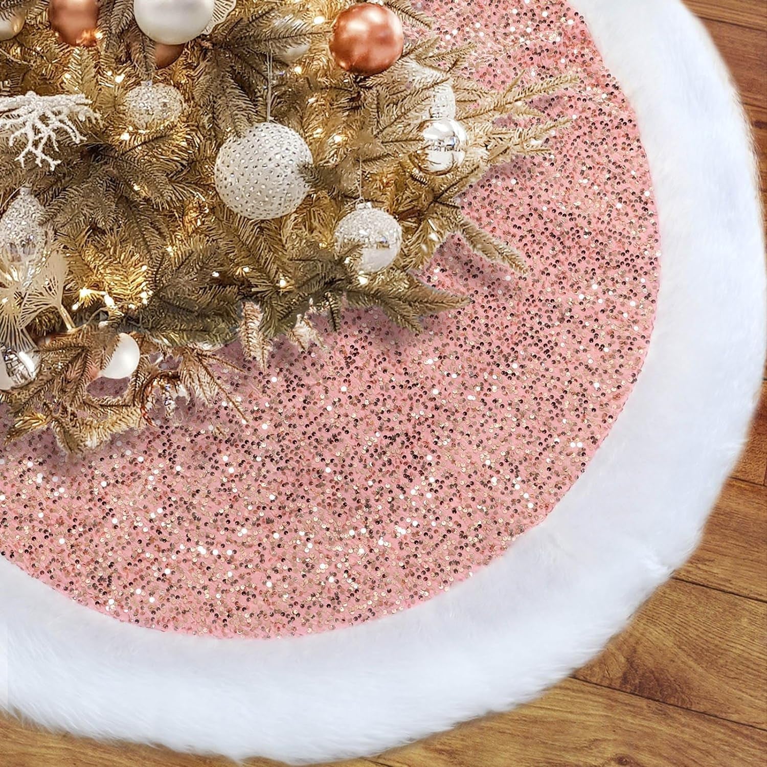 Sliver White Christmas Tree Skirt with Sequin Faux Fur, 48 Inch Tree Skirts for Christmas Decorations Home Indoor Tree Base Cover Mat Holiday Decor Home & Garden > Decor > Seasonal & Holiday Decorations Toes Home Pink 36"
