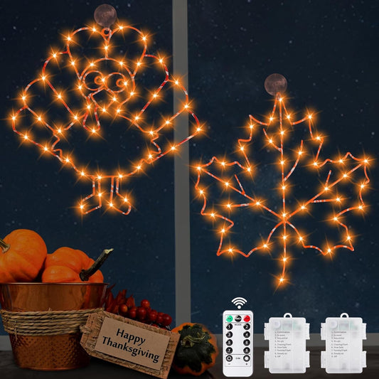 Thanksgiving Decorations Turkey Maple Leaf Window Lights, 2Pcs Large Halloween Window Silhouette Lights with Remote Timer Battery Operated Halloween Window Lights for Thanksgiving Decor Indoor Outdoor