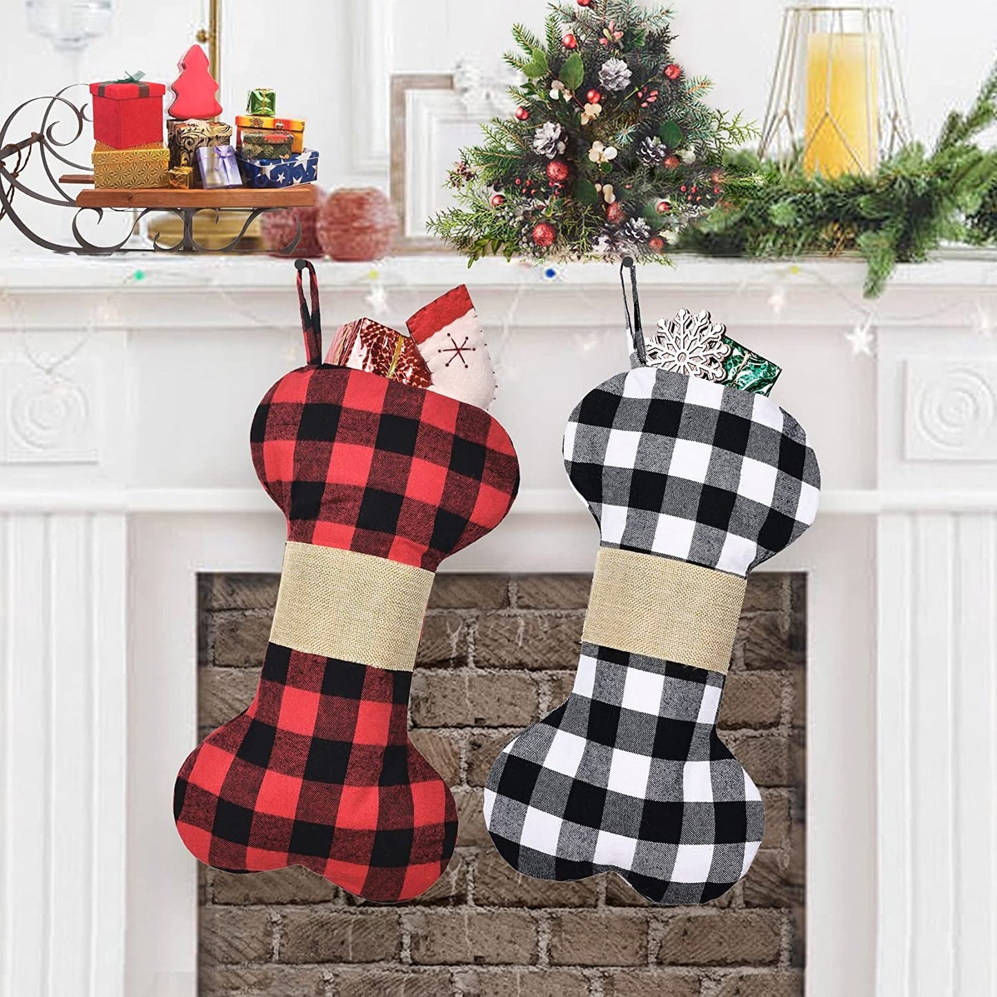 CARAKNOTS Plaid Christmas Stockings 6 Pack Red and Black Check Christmas Stockings for Family Kids Large Burlap Stockings Christmas Decorations for Xmas Farmhouse Fireplace Holiday Party Home & Garden > Decor > Seasonal & Holiday Decorations CARAKNOTS Pet Stocking 2 Pcs