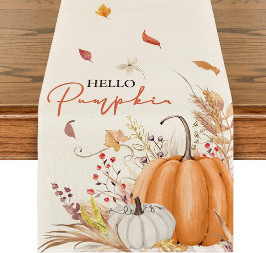 Artoid Mode Hello Pumpkin Flowers Leaves Thanksgiving Table Runner, Seasonal Fall Harvest Vintage Kitchen Dining Table Decoration for Indoor Outdoor Home Party Decor 13 X 72 Inch