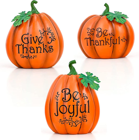 ALLADINBOX 3 Pcs Resin Thanksgiving Pumpkin Gift Set, Fall Pumpkin Centerpiece with Blessings Words for Fall Thanksgiving Halloween Harvest Home Decorations