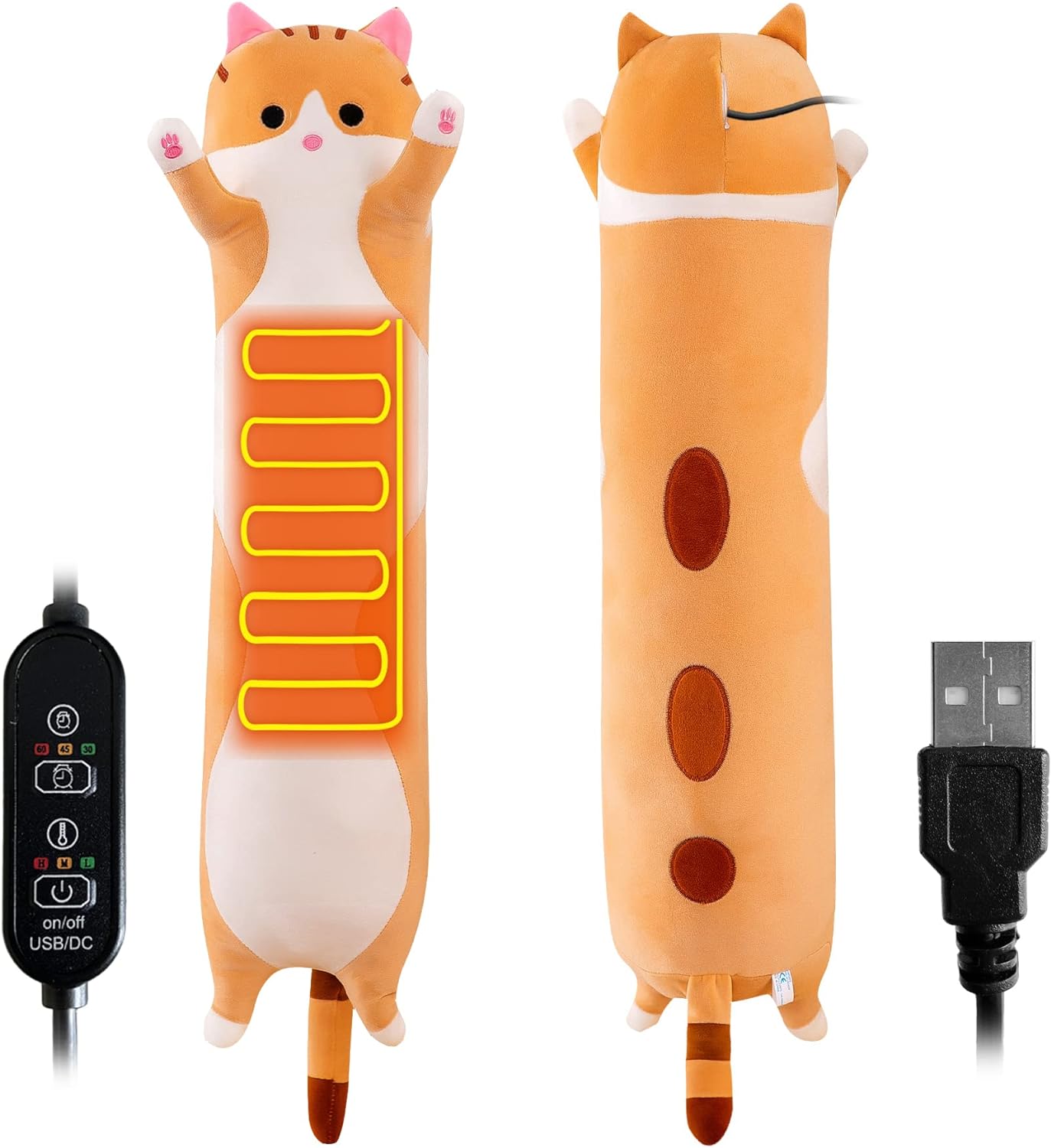 Heating Pad for Menstrual Cramps Period & Neck Shoulder Pain Relief, Portable Cuddly 19.7" Plush Cat with a Hot Soft Belly USB Powered, Gift for Daughter Girlfriend Wife(Brown cat)