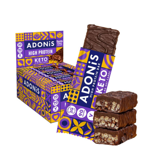 Adonis Keto Double Choc Crisp High Protein Bar (16 x 45g Bars) | Vegan & Keto Friendly | 100% Natural | Sugar Free, Palm Oil Free, Dairy Free | Low Sugar