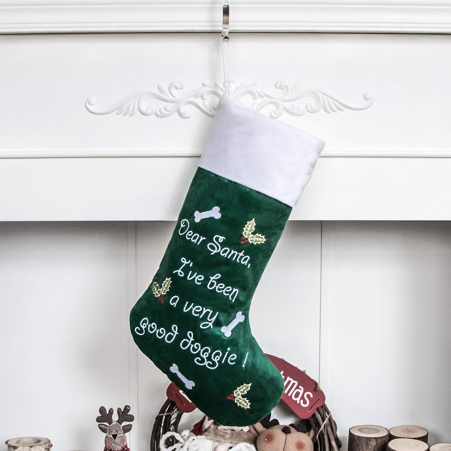 GEX Christmas Stockings for Dog Cat Pet 22" Large Quilted Lining Embroidery Luxury Lovely Velvet Hanging Ornament Decorations for Xmas Season (Burgundy) Home & Garden > Decor > Seasonal & Holiday Decorations GEX Worldwide Green