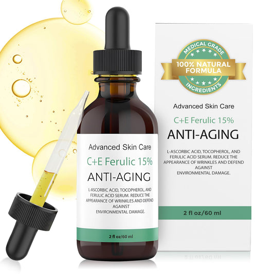 Advanced Skin Care 15% Vitamin C E Ferulic Acid Serum, 2 Oz / 60 ml - Unisex, Skin Serum, All Skin Types, UV Protection, Brightening, Rejuvenation