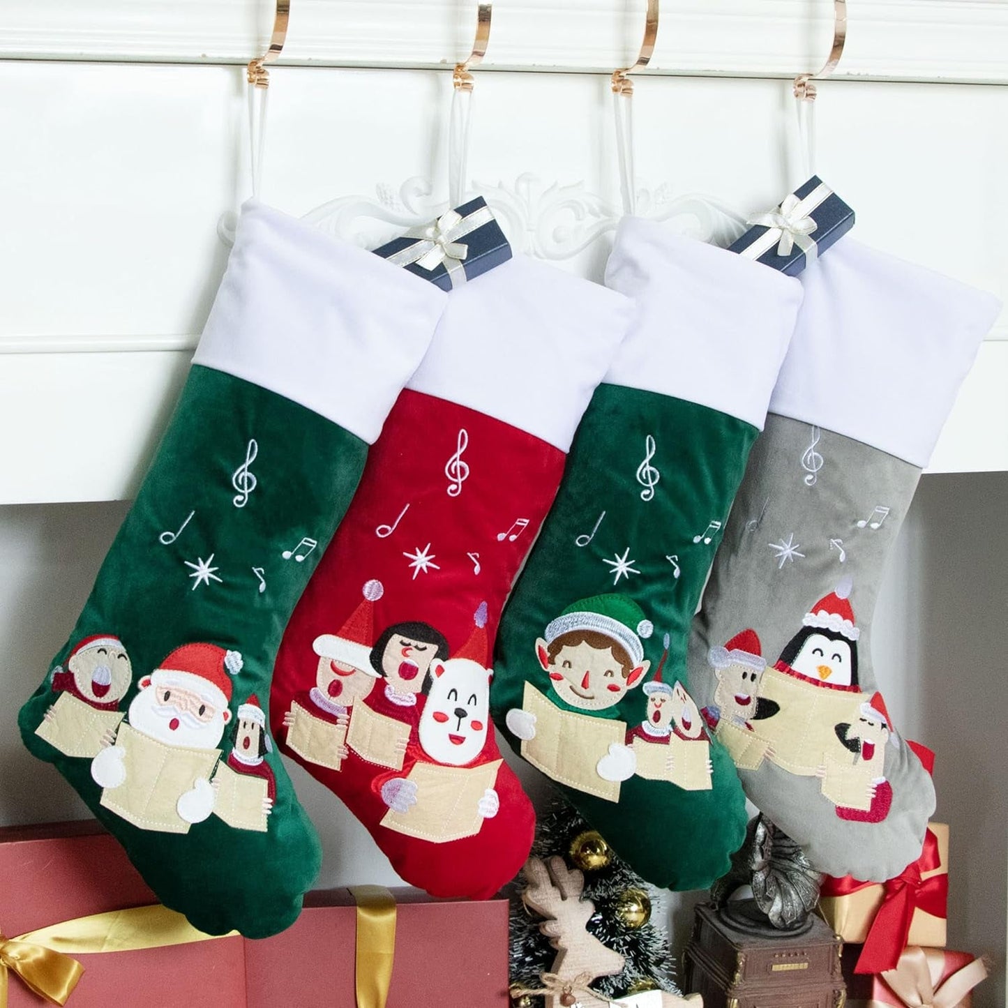 BHD BEAUTY 5 Pack Christmas Stockings Clearance Large Soft Luxury Velvet Classic Embroidery Pattern for Family Decorations Hanging Ornament Xmas Tree Holiday Party 20 Inches Home & Garden > Decor > Seasonal & Holiday Decorations BHD BEAUTY Green 4