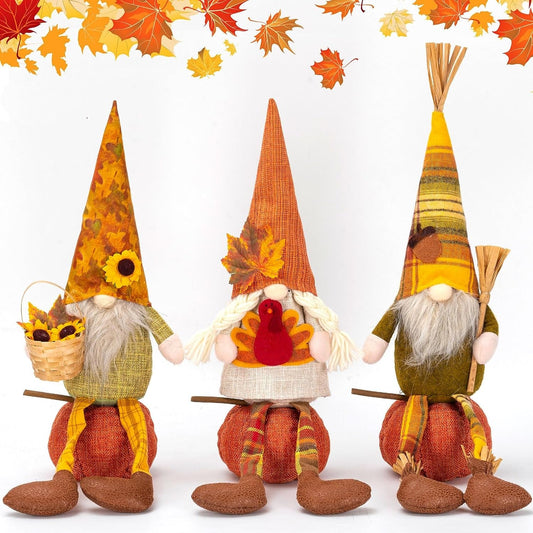 Unanscre Thanksgiving Fall Gnomes Plush Elf Decoration - 3PCS Long Leg Sunflower Maple Leaf Acorn Straw Pumpkin Gnomes Hold Basket Turkey Broom for Autumn Harvest Ornaments, Home Farmhouse Decor