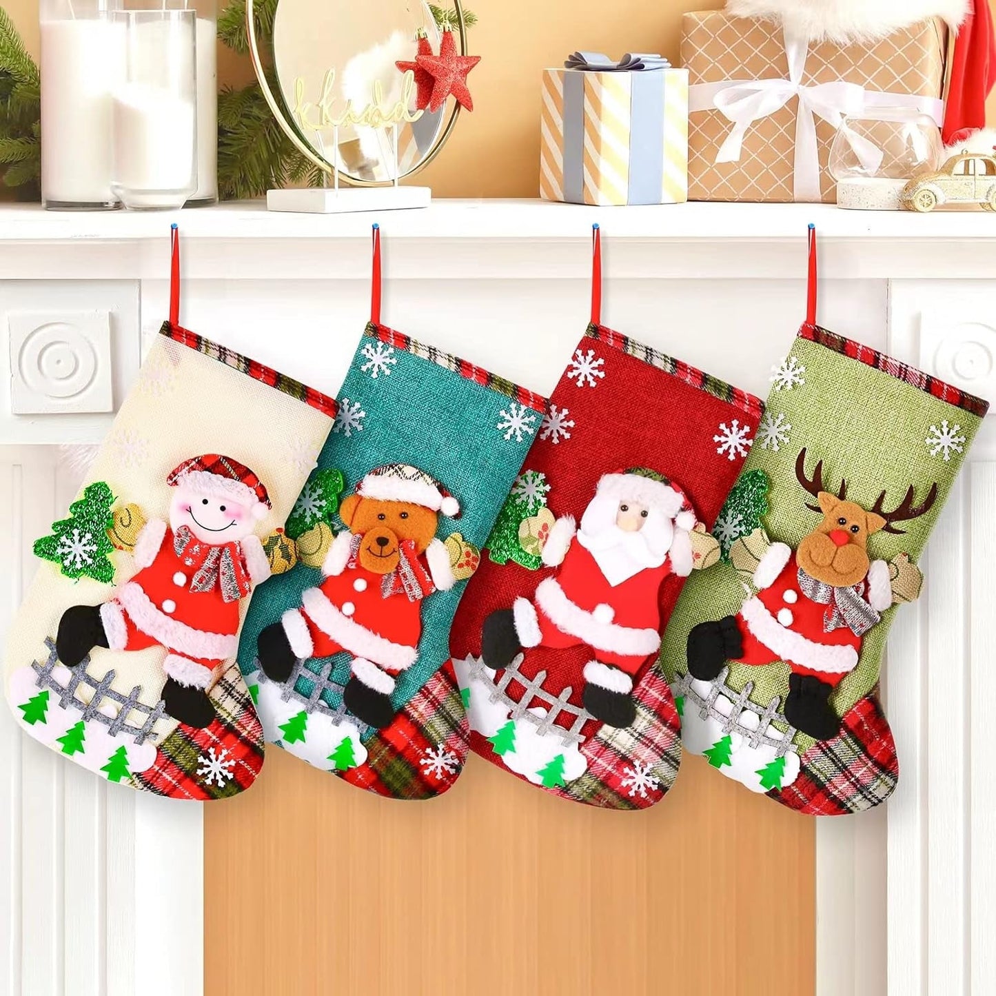 Cute Christmas Stockings for Kids 4 Pack，12.6 Inches Stockings for Christmas，Kids Christmas Stockings Decorations with Cute Pattern，Holiday Stocking for Family Set of 4，Christmas Party and Home Decor