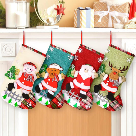 Cute Christmas Stockings for Kids 4 Pack，12.6 Inches Stockings for Christmas，Kids Christmas Stockings Decorations with Cute Pattern，Holiday Stocking for Family Set of 4，Christmas Party and Home Decor