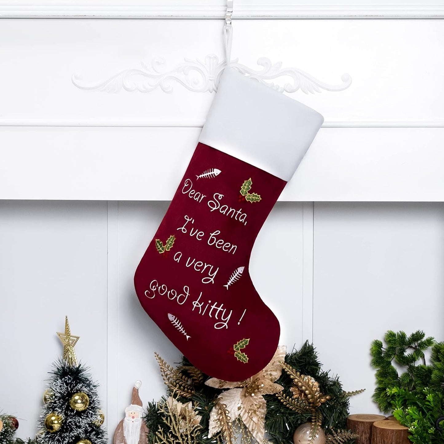 GEX Christmas Stockings for Dog Cat Pet 22" Large Quilted Lining Embroidery Luxury Lovely Velvet Hanging Ornament Decorations for Xmas Season (Burgundy) Home & Garden > Decor > Seasonal & Holiday Decorations GEX Worldwide Deep Red