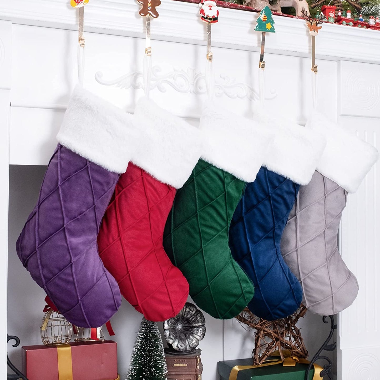 BHD BEAUTY 5 Pack Christmas Stockings Clearance Large Soft Luxury Velvet Classic Embroidery Pattern for Family Decorations Hanging Ornament Xmas Tree Holiday Party 20 Inches Home & Garden > Decor > Seasonal & Holiday Decorations BHD BEAUTY Colorful 5