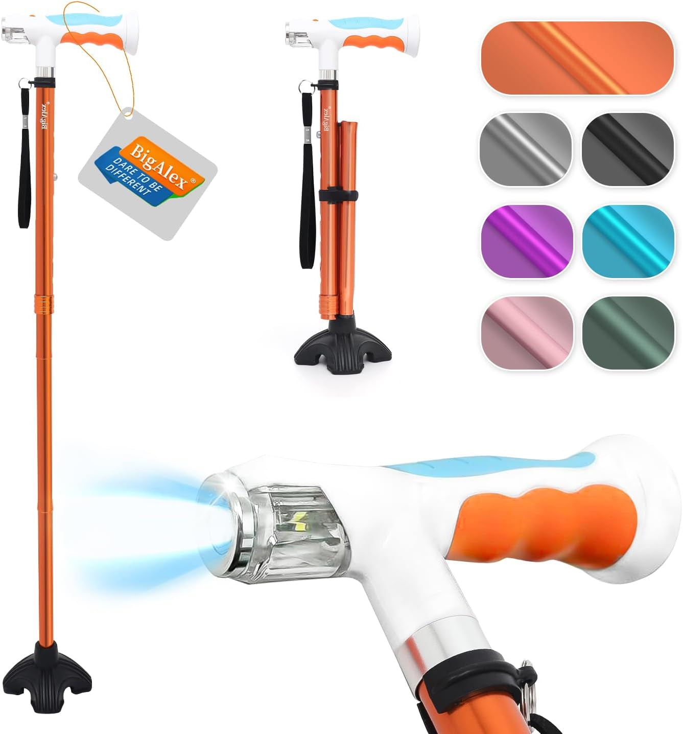 Bigalex Folding Walking Cane with Two Led Lights for Elderly Solid Base Adjustable Walking Stick with Carrying Bag for Man/Woman Home & Garden > Decor > Seasonal & Holiday Decorations NINGHAI XIAN TAIAIER HUWAIYONGPIN YOUXIANGONGSI Orange