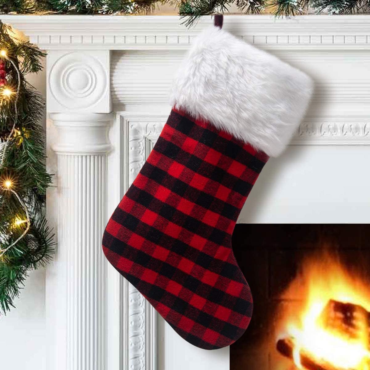 S-DEAL Black and White Plaid Christmas Stocking Double Layers Gift Holder White Plush Cuff 21 Inches Decor for Holiday Party Xmas Mantel Ornaments Home & Garden > Decor > Seasonal & Holiday Decorations S-DEAL Red And Black Plaid