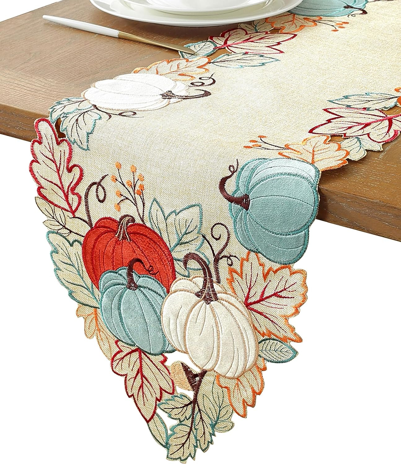 Thanksgiving Table Runner Fall Decorations for Home Fall Table Runner with Embroidered Velvet Pumpkins Maple Leaf. Halloween/ Christmas Table Decorations for Kitchen Dining Harvest Party Decor