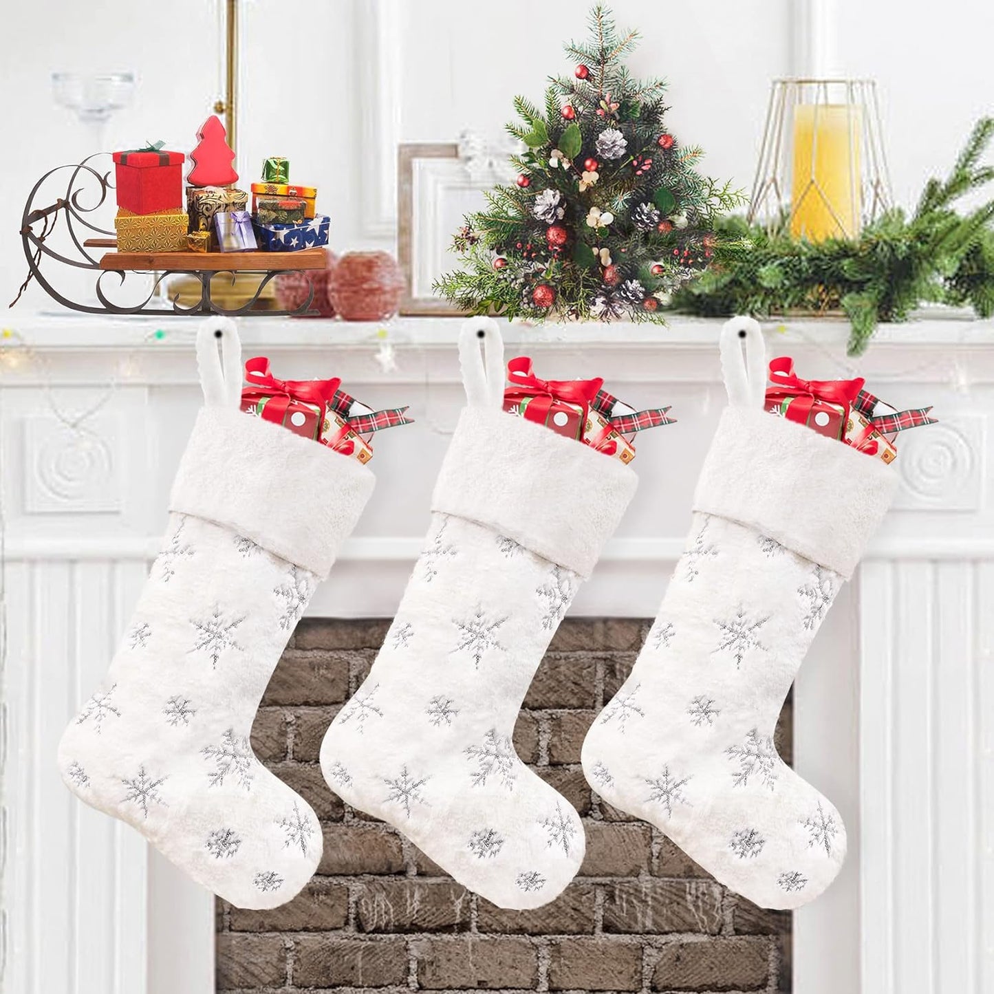 CARAKNOTS Christmas Stockings Set of 6 Faux Fur Christmas Stockings Large White Xmas Stockings for Family Kids Holiday Fireplace Hanging Decoration Home & Garden > Decor > Seasonal & Holiday Decorations CARAKNOTS Sequin Silver 3 Pcs