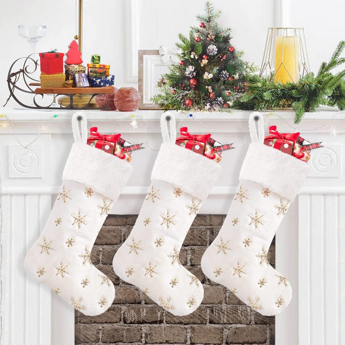CARAKNOTS Christmas Stockings Set of 6 Faux Fur Christmas Stockings Large White Xmas Stockings for Family Kids Holiday Fireplace Hanging Decoration Home & Garden > Decor > Seasonal & Holiday Decorations CARAKNOTS Sequin 3 Pcs Gold