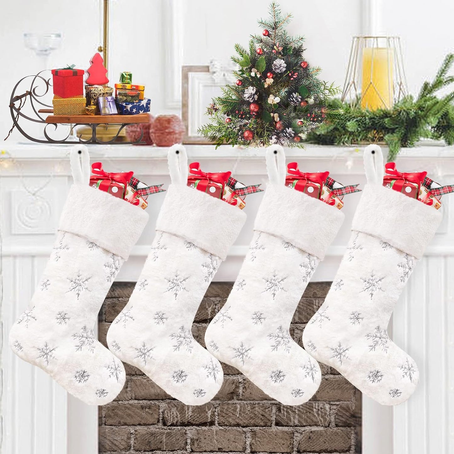 CARAKNOTS Christmas Stockings Set of 6 Faux Fur Christmas Stockings Large White Xmas Stockings for Family Kids Holiday Fireplace Hanging Decoration Home & Garden > Decor > Seasonal & Holiday Decorations CARAKNOTS Sequin Silver 4 Pcs