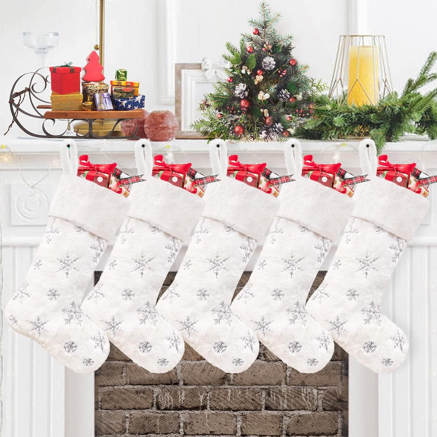CARAKNOTS Christmas Stockings Set of 6 Faux Fur Christmas Stockings Large White Xmas Stockings for Family Kids Holiday Fireplace Hanging Decoration Home & Garden > Decor > Seasonal & Holiday Decorations CARAKNOTS Sequin Silver 5 Pcs