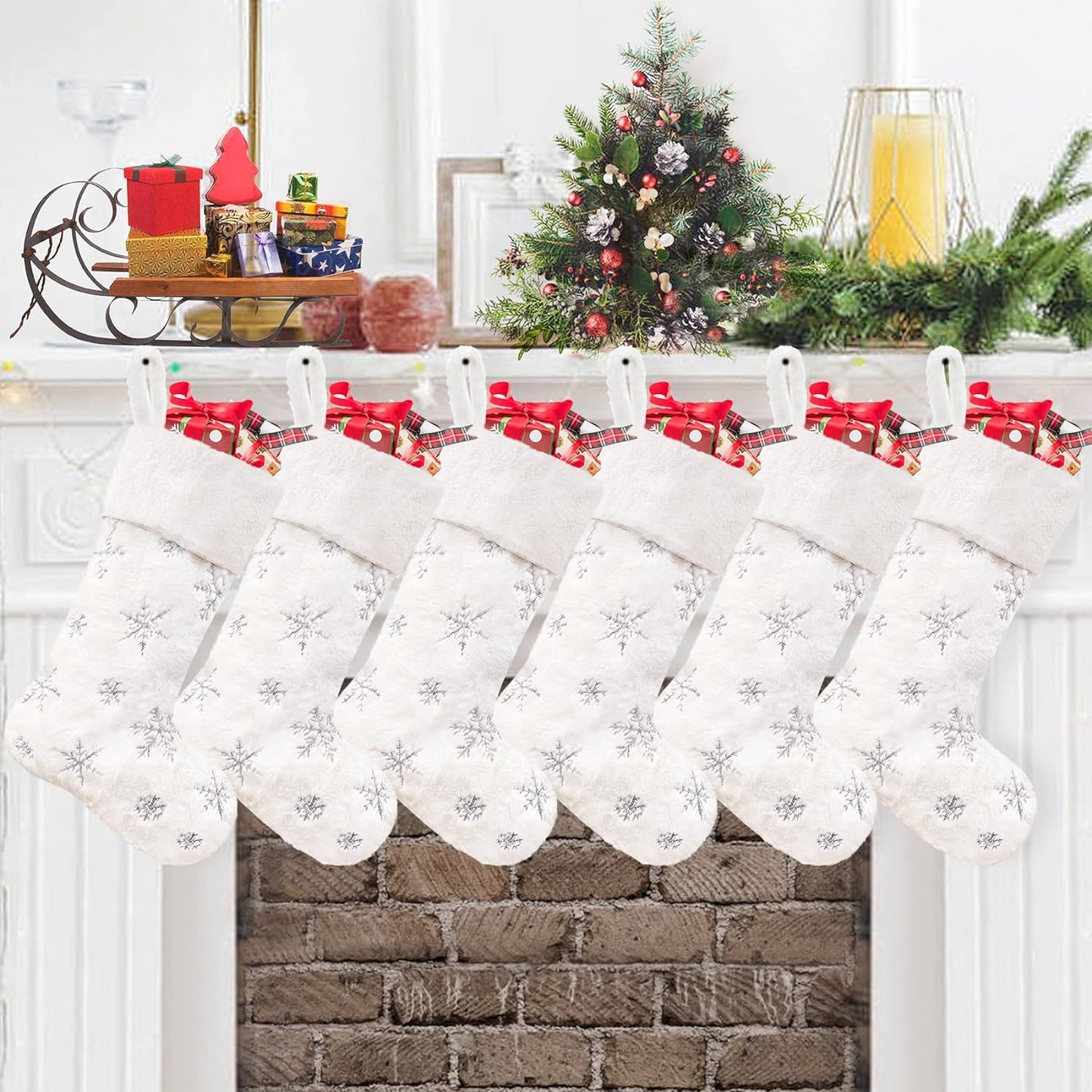 CARAKNOTS Christmas Stockings Set of 6 Faux Fur Christmas Stockings Large White Xmas Stockings for Family Kids Holiday Fireplace Hanging Decoration Home & Garden > Decor > Seasonal & Holiday Decorations CARAKNOTS Sequin Silver 6 Pcs