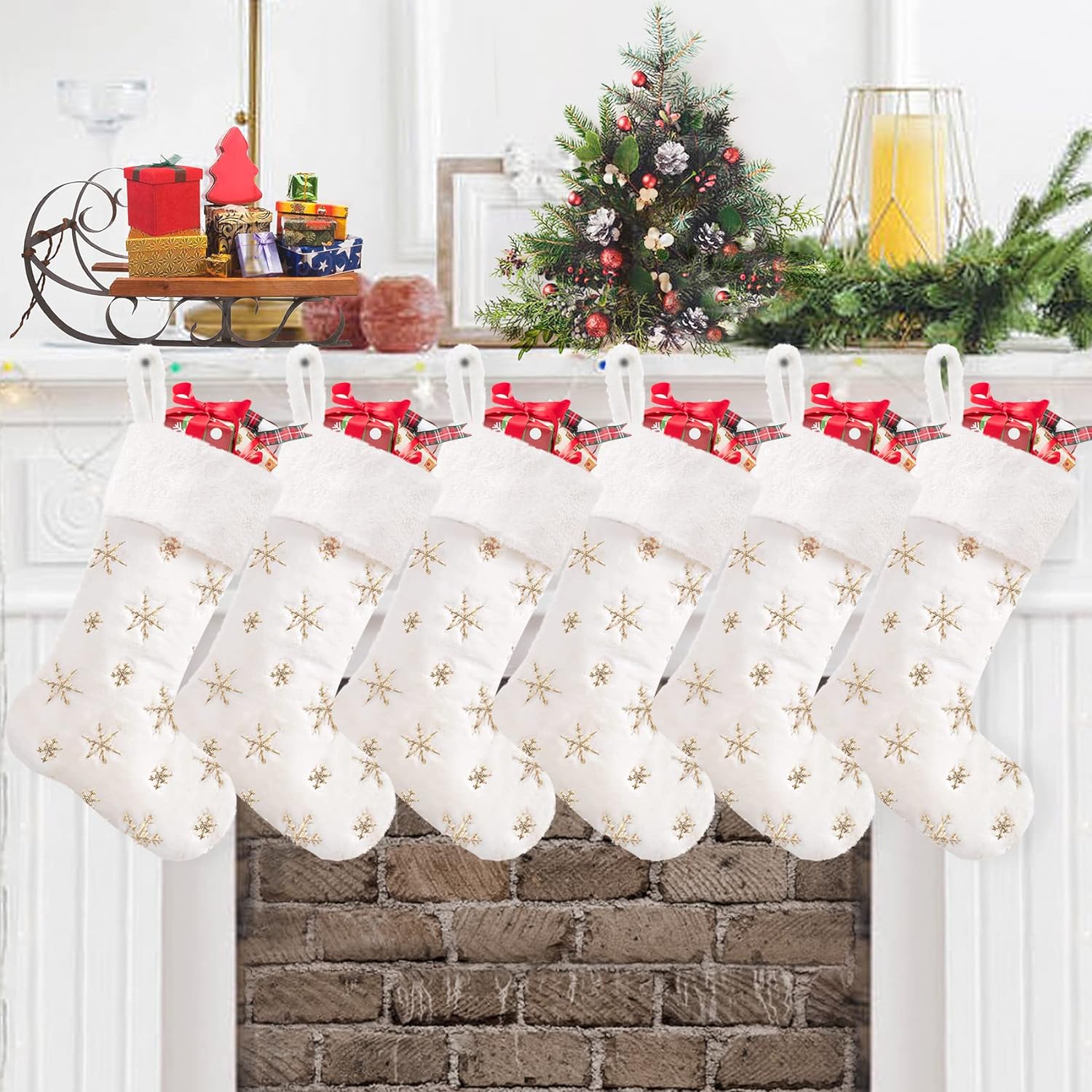 CARAKNOTS Christmas Stockings Set of 6 Faux Fur Christmas Stockings Large White Xmas Stockings for Family Kids Holiday Fireplace Hanging Decoration Home & Garden > Decor > Seasonal & Holiday Decorations CARAKNOTS Sequin 6 Pcs Gold