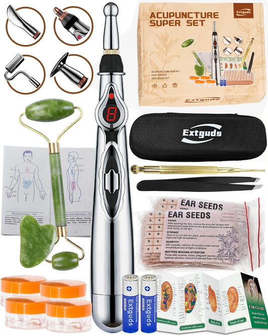 Acupuncture Super Set: 5-Head Electronic Acupuncture Pen + Gua Sha Tool + Ear Seeds + Retractable Acupuncture Pen + 4 x Extra Massaging Gel + Tweezers+Chart+Batteries (Acupuncture Set(with A new bag))