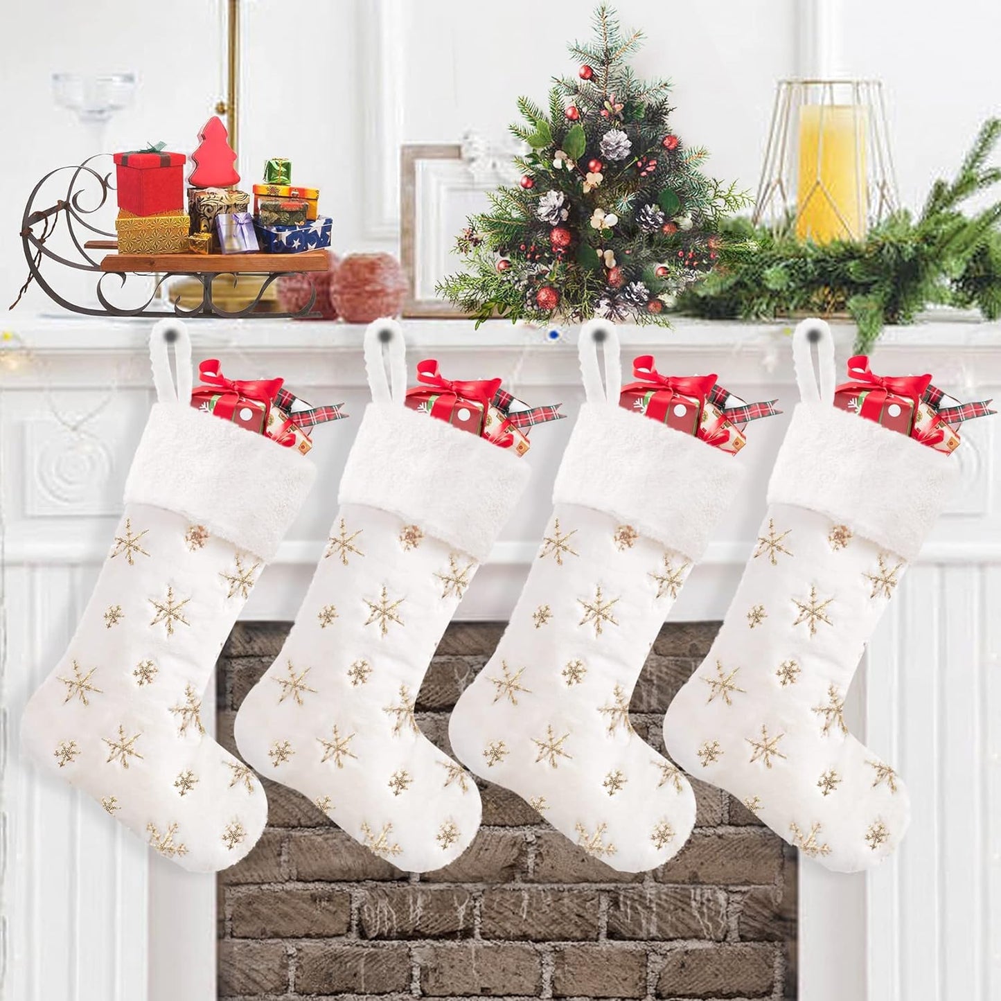 CARAKNOTS Christmas Stockings Set of 6 Faux Fur Christmas Stockings Large White Xmas Stockings for Family Kids Holiday Fireplace Hanging Decoration Home & Garden > Decor > Seasonal & Holiday Decorations CARAKNOTS Sequin 4 Pcs Gold