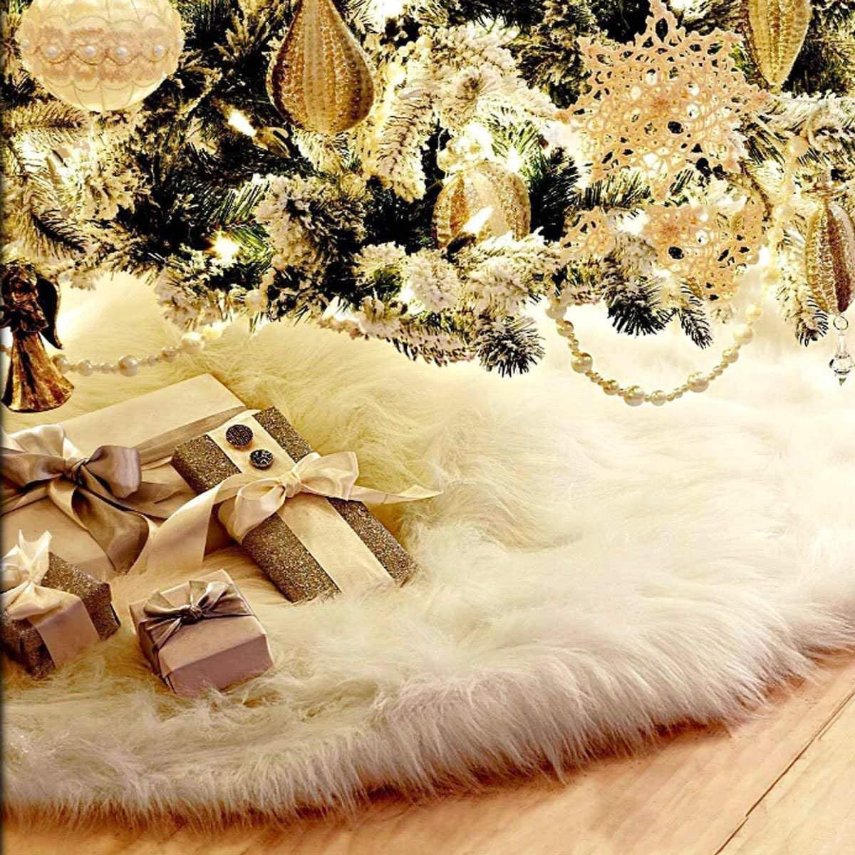 AISENO 48 Inch Christmas Tree Plush Skirt Decoration for Merry Christmas Party Faux Fur Christmas Tree Skirt Decorations