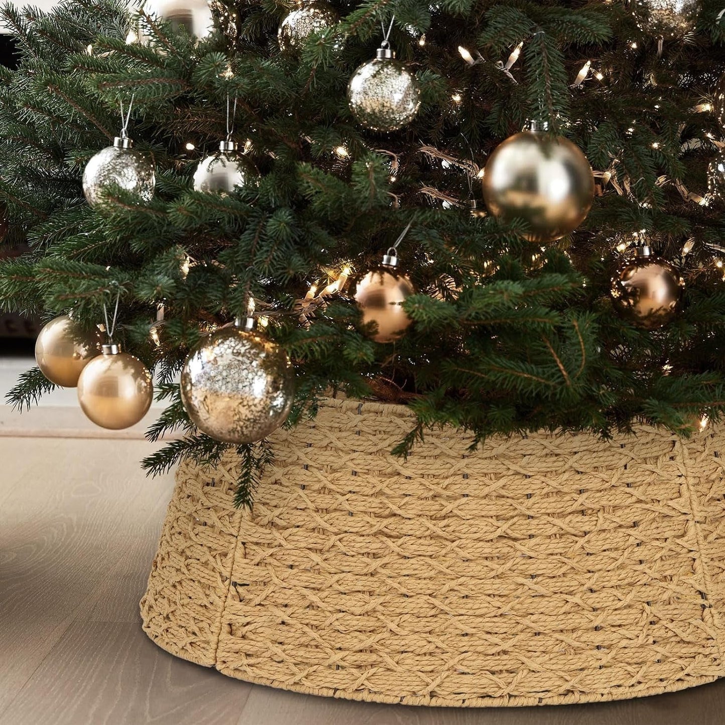 Christmas Tree Collar, 23.5’’ D Handmade Paper Grass Christmas Stand Tree Collar Basket Base Cover for Holiday Decoration