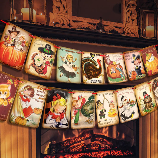 Thanksgiving Decorations Vintage Happy Thanksgiving Banner Turkey Pumpkin Garland Bunting Fall Harvest Banner for Thanksgiving Day Home Party Decor