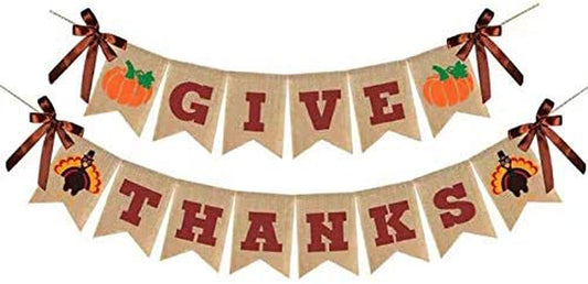 Give Thanks Burlap Banner, Thanksgiving Banner Burlap, Thanksgiving Decorations, Reusable Pre-Strung Thanksgiving Decoration for Thanksgiving Party Supplies Fireplace Mantle Home Decor